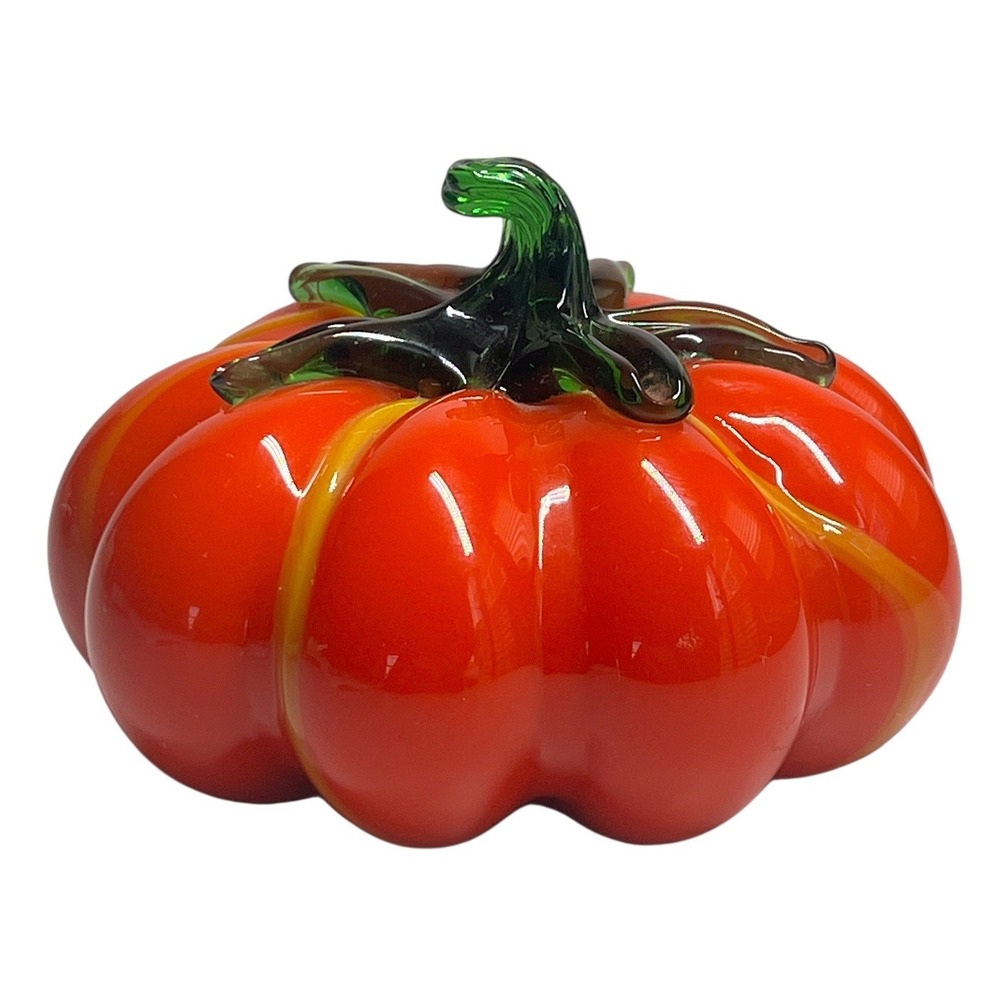 Vtg Hand Blown Glass Pumpkin Molded Orange Yellow Harvest Fall Decor Paperweight